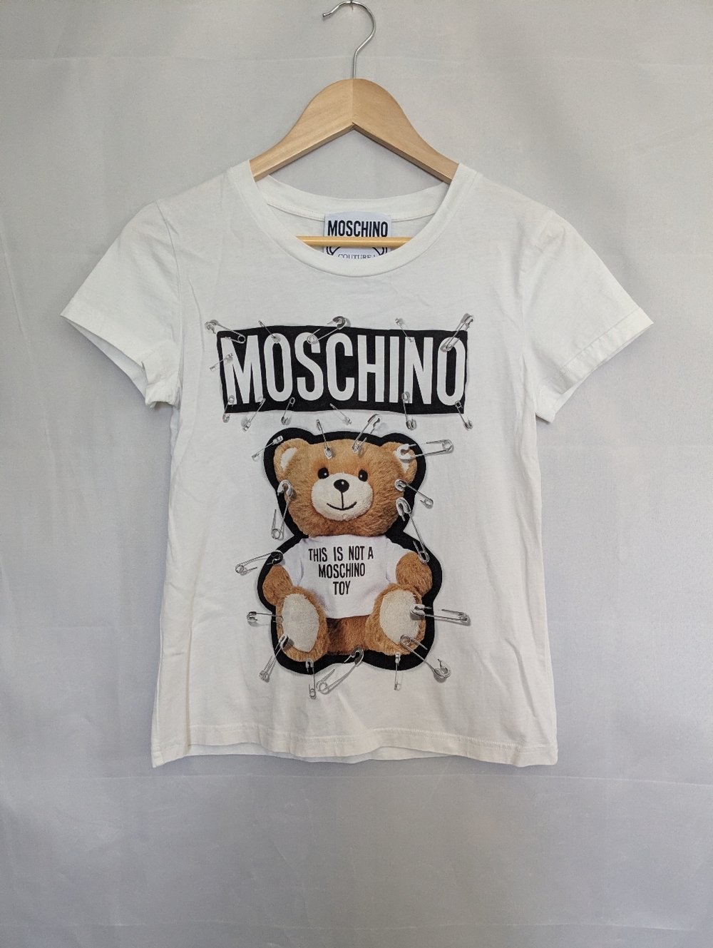Moschino Couture Safety Pin Teddy Bear Graphic Baby Tee White S